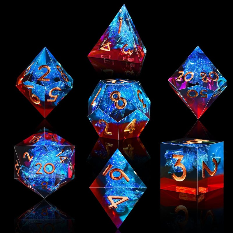 AUSTOR 7-Die DND Dice Set Handmade Sharp Edge Polyhedral Dice for Dungeons and Dragons RPG MTG Table Games（Flame Red & Ice Blue） - Image 1